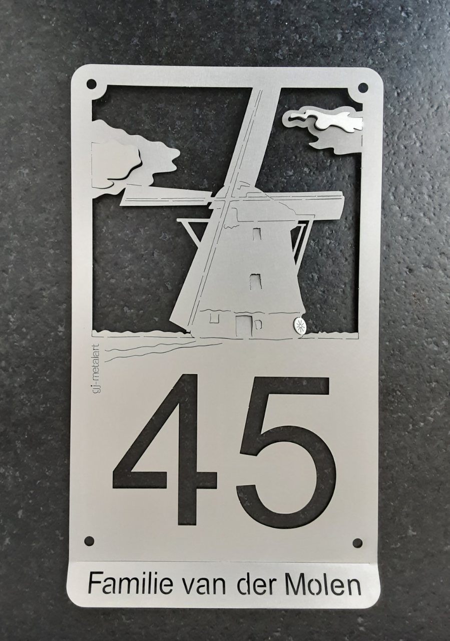 RVS huisnummer met naam "Molen"